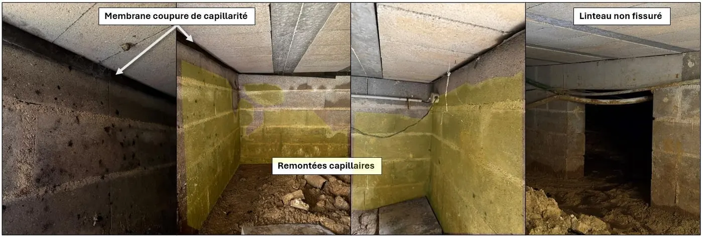 Trois vues d'un vide sanitaire : membrane de coupure de capillarité, remontées capillaires sur les murs, linteau non fissuré.