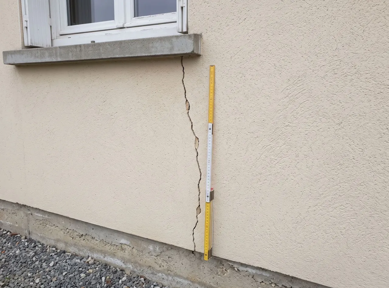 Fissure verticale sous une fenêtre, avec un mètre pliant jaune posé le long de la fissure pour donner l'échelle.