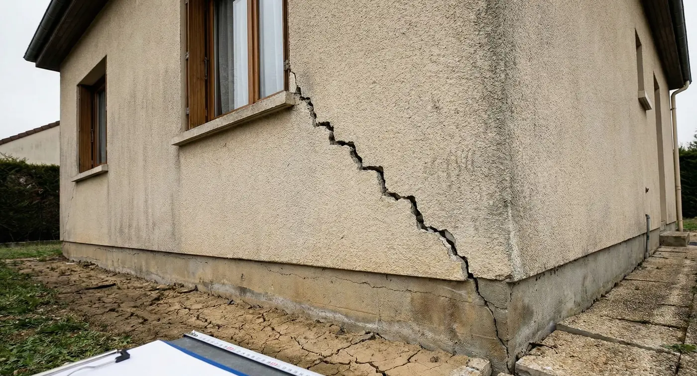 Illustration d'une maison dont l'angle s'enfonce, avec une fissure diagonale partant du bas.